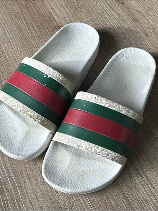Gucci White Slides with Green and Red Stripes