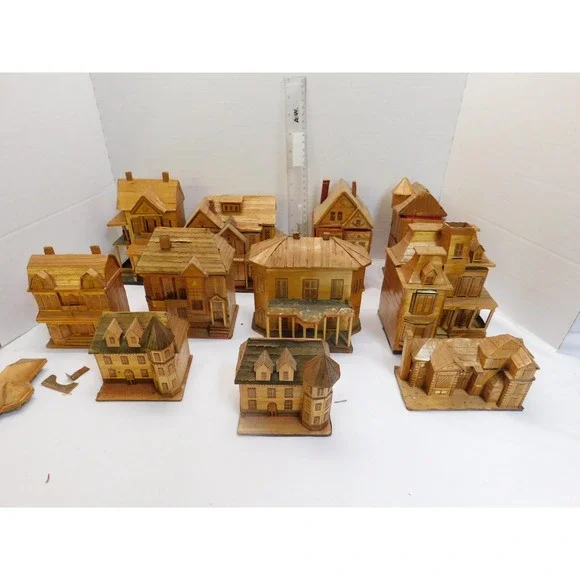 Lot of 11 Vintage Rare Bamboo Wheat Stalk Houses Trinket Box