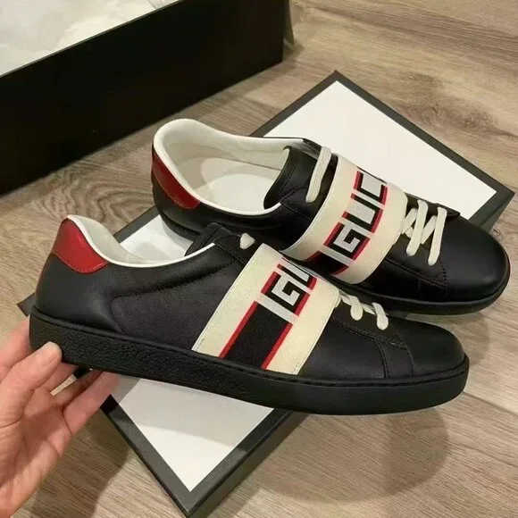 NIB Authentic Gucci Calfskin Stripe Mens New Ace Sneakers Crop Ecru Black