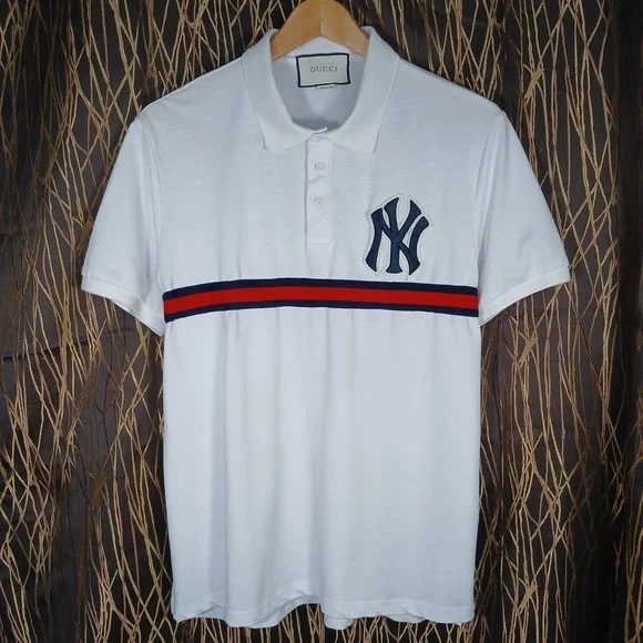 Gucci Polo Shirt Mens XL White NY Yankees Web Stripe Logo Applique 543694