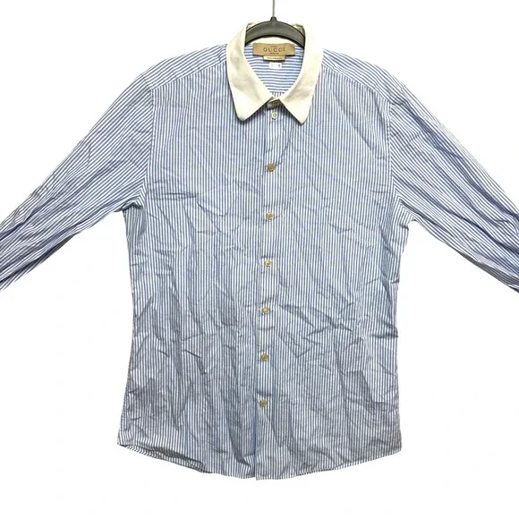 GUCCI Uniform Shirt Mens 16 Blue Long Sleeve White Collar Button Down Stripe
