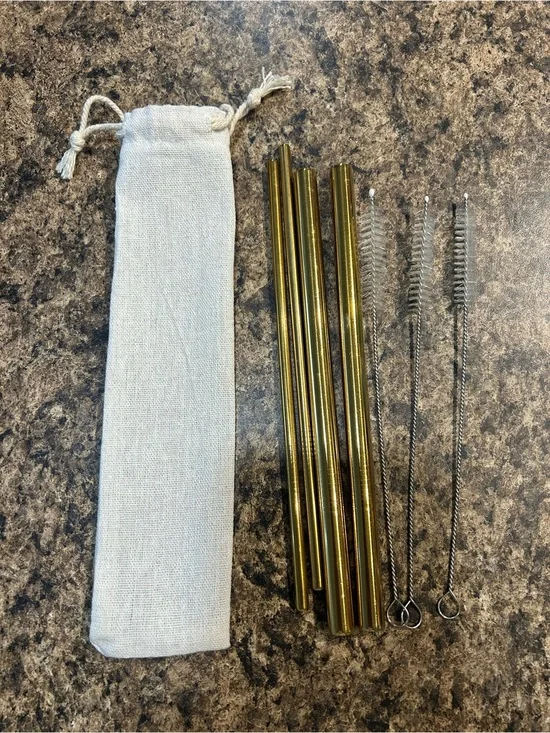 Reusable Metal Drinking Straws Set - Gold