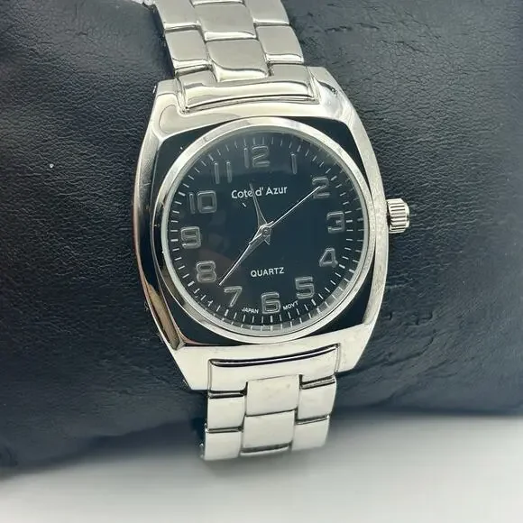 Cote d'Azur Silver Tone Black Dial Stainless Steel Men’s Watch New Battery