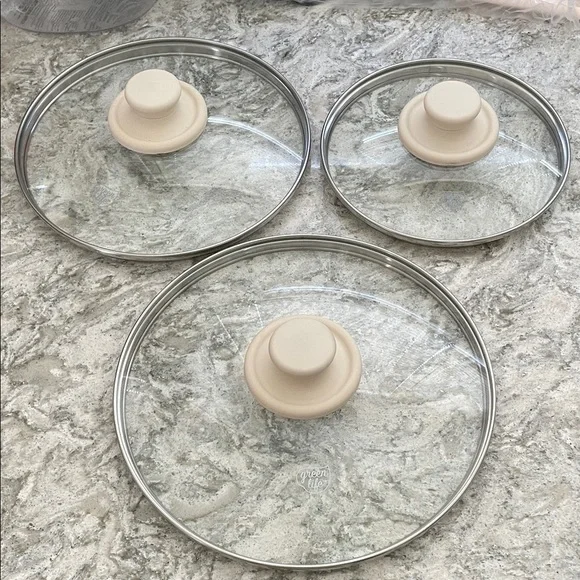 Set of three Glass Pot Lids with Cream Handles