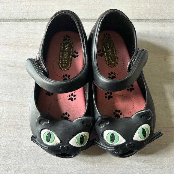 Mini Melissa Black Cat Mary Jane Velcro Sandals