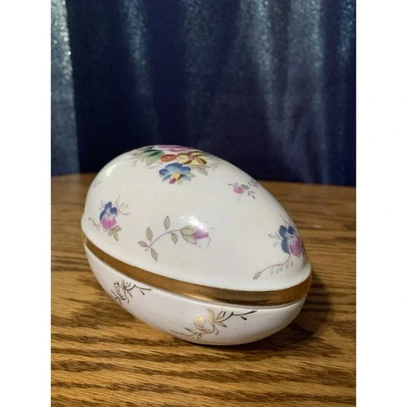 Vintage Egg Shaped Porcelain Trinket Box Japan Easter Floral Vanity