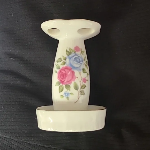 Vintage Floral Porcelain Vanity Toothbrush Holder Pink Blue Rose Motif