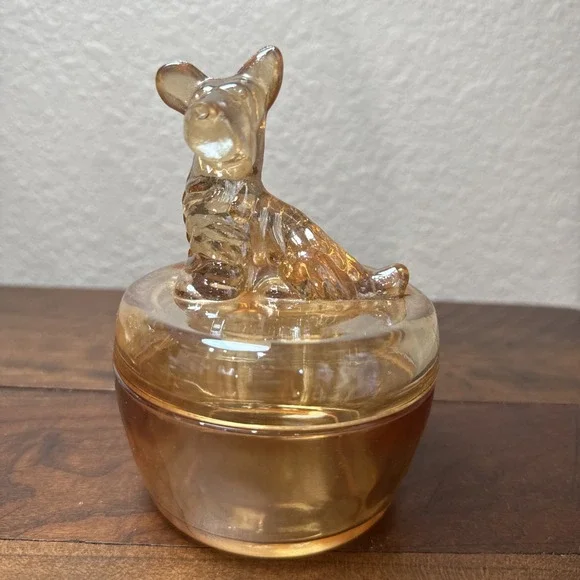 Vintage Jeanette Marigold Carnival Glass Powder/Trinket Dish-Scottie Dog