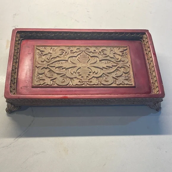Brown, red and gold rectangular trinket dish