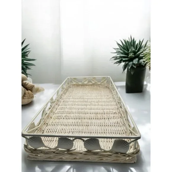 Vintage Coastal Rattan & Metal Tray - Shells