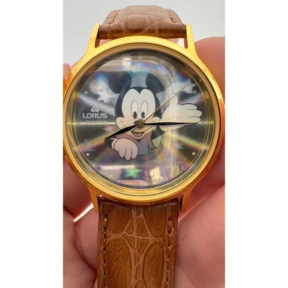 Vintage Mickey Mouse Watch Gold Tone Lorus Seiko Quartz Disney Holograph