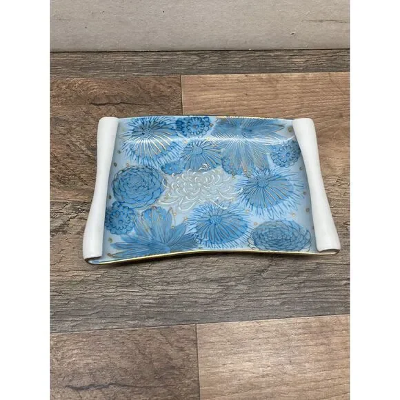 VTG Blue Lotus Kutani Scroll Dish Gold Detail Great Vanity Tray Japan Sticker‎