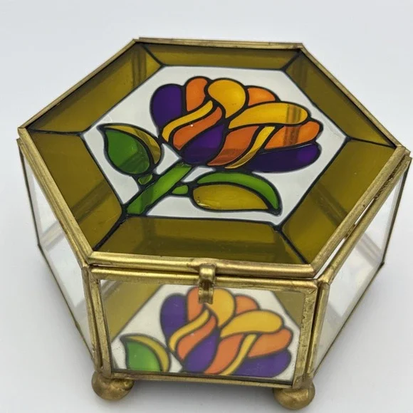 Stained Glass Mirror Brass Footed Trinket Box Flower Vintage Vanity Dresser