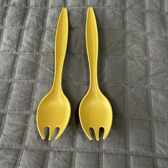 Vintage Tupperware Salad Serving Utensils 12'' Fork Spoon Set of 2 Harvest Gold