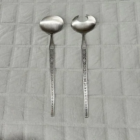 Vintage MCM Salad Serving Spoons Japan Solid Stainless Steel Utensils Set 11”