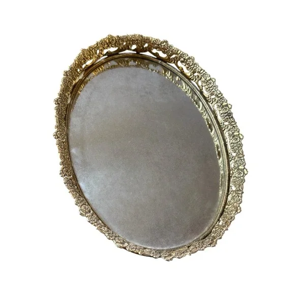 Vtg Oval Mirror Vanity Tray Gold Tone Filigree Floral Border Hollywood Glam 11