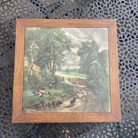 Vintage English Tile Pastoral Scene in Footed Wood Trivet