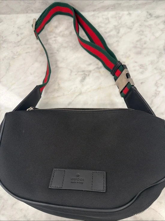 Gucci Black Belt Bag with Green and Red Web Strap