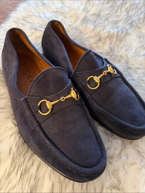 Gucci Men’s Dark Blue Suede Horsebit Loafers
