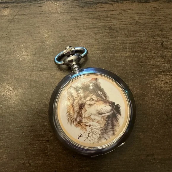 Wolf Illustration Silver Pocket Watch