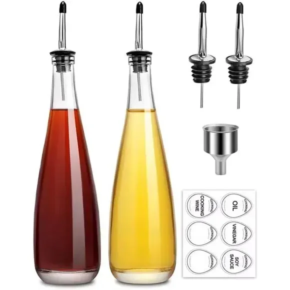 2-Pack Oil & Vinegar Dispenser Set 500ml Glass Bottles w/ Metal Pourer & Labels
