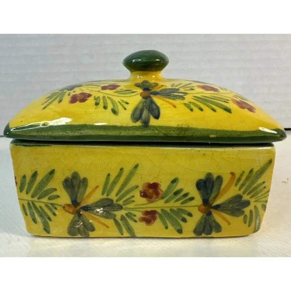 Yellow Green Porcelain Rectangle Trinket Vanity Box Italy Spring Floral 3.5x2.5