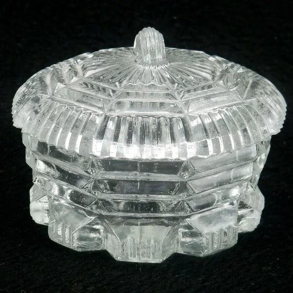 Trinket Powder Dish Vintage Art Deco, Heavy Cut Glass, Powder Box with Lid