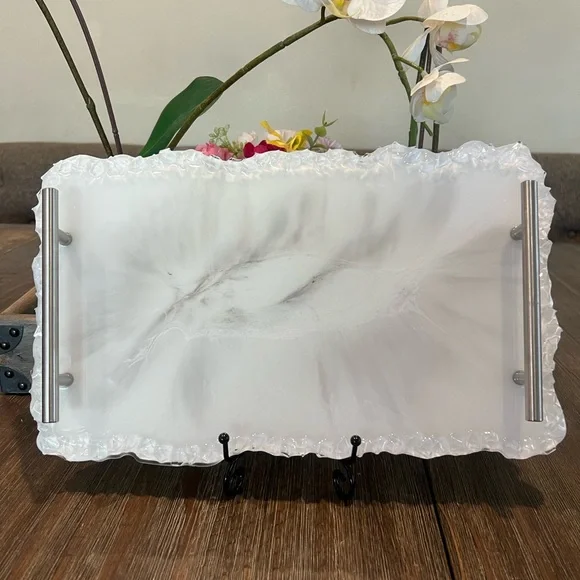 Elegant White Resin Serving Tray with Handles