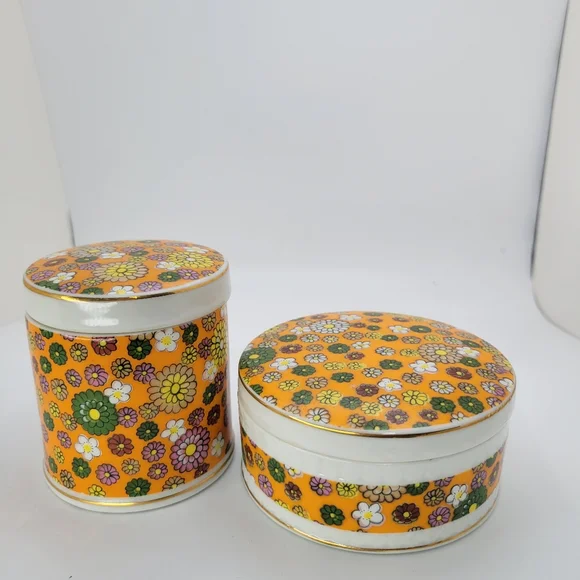 Vintage Porcelian Trinket Boxes Bathroom Vanity Set Powder Container Flower...
