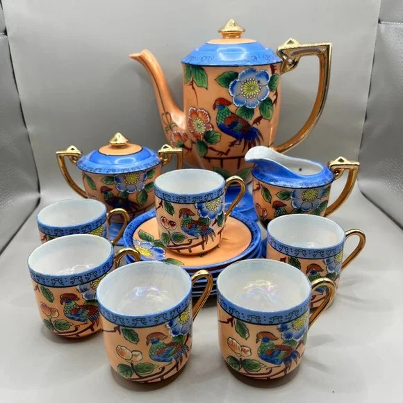 Vtg Japanese Tea Set Hand Painted Bird of Paradise 17 Pc Set Hotta Yu Shoten