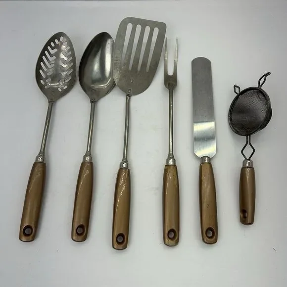 Farmhouse Ekco A&J Gold Handle Kitchen Utensils Spatula Slotted Spoon Fork 6pc