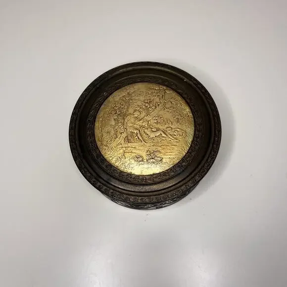 Pastoral Scene Gilded Brass Powder Trinket Box Mirrored Glass Insert Vintage