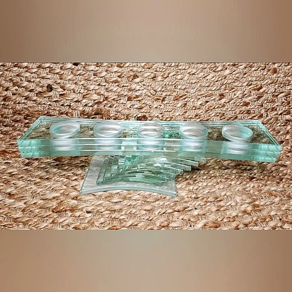 PartyLite Tea Light Candle Holder.Thick Green Glass Stacked Pedestal.Modern.Gift