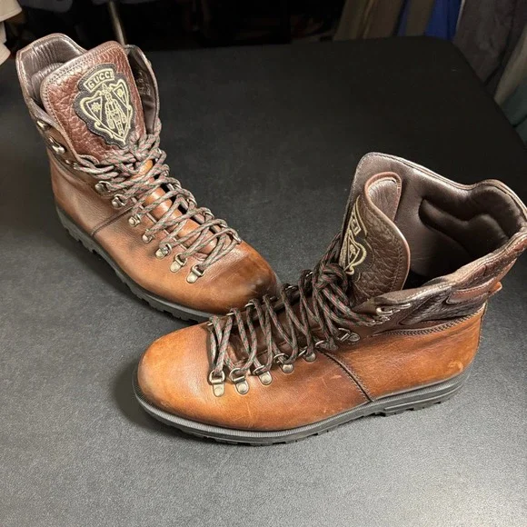 Gucci Crest Brown Leather Hiking Boots‎ Mens Size 8.5 181853 G