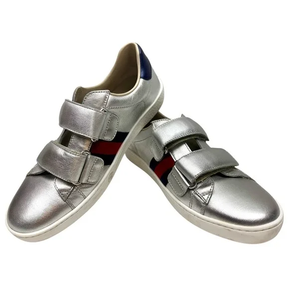 Gucci Silver Leather Ace Web Low Top Sneakers Size‎ 34