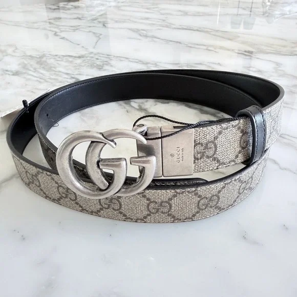 Gucci 643847 Reversible Brown Leather & Tan GG Buckle Belt, 115 cm