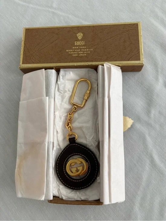 Gucci Brown and Gold Double G Leather Key Ring