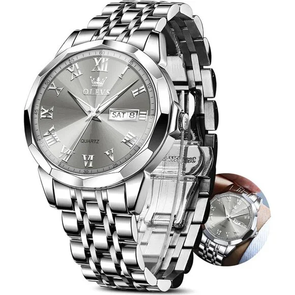 Olevs Men's Silver Grey Steel Stain Waterproof Stainless Luminous Stylish Watch