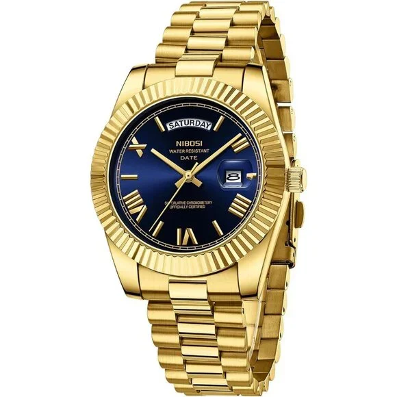 Men's Gold Blue Stainless Steel Analog Classic Design Stylish Wrist Dress Watch