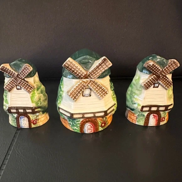 Vintage Windmill Salt & Pepper‎ Shaker and Toothpick holder Ceramic 1950s Japan