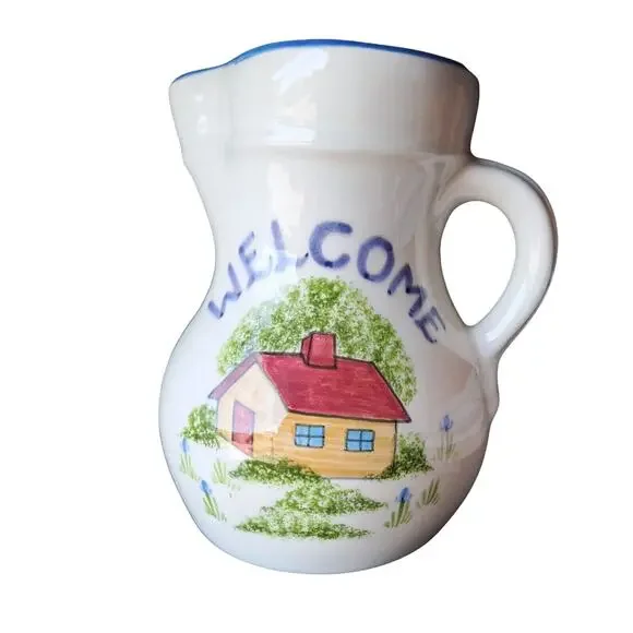 Vintage Pitcher Water Jug Welcome Country Cabin Feel Utensil Holder Flower Vase