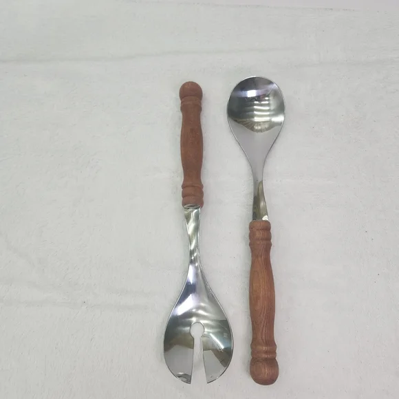 Vintage Wooden Handle Stainless Steel Salad Server Set 11