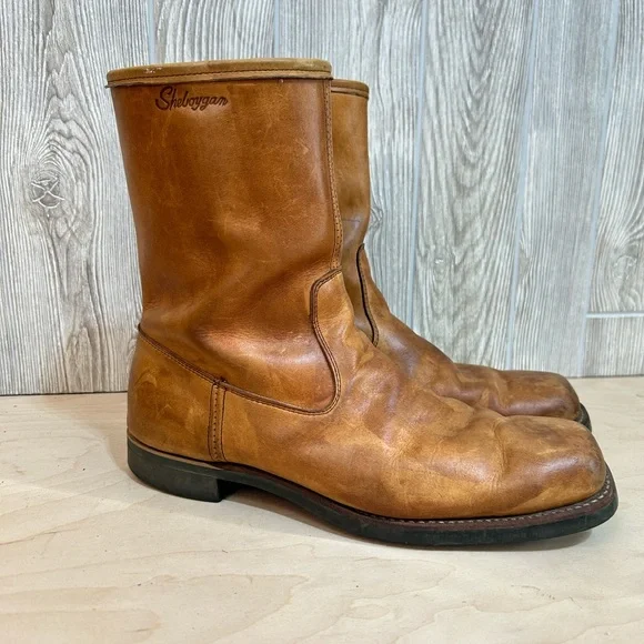 Vintage Sheboygan Burnt Orange Leather Side Zip Fleece Lined Utility Boots 9.5