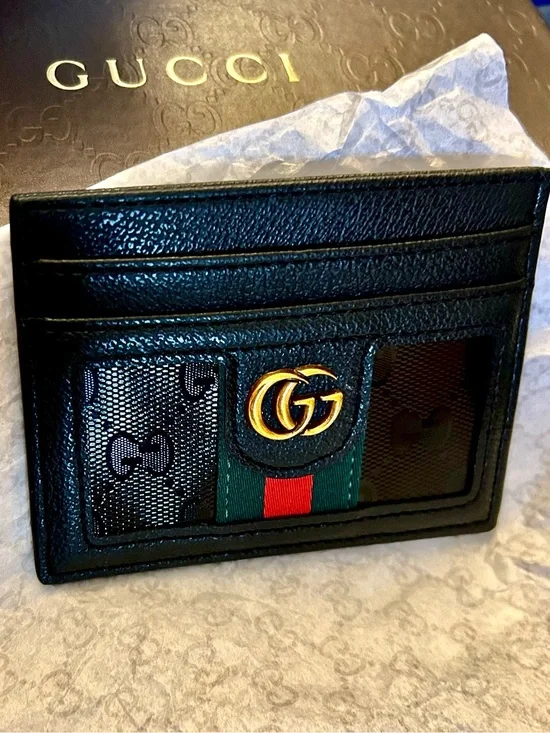Gucci Black Leather Card Holder with Green-Red Web and Gold GG