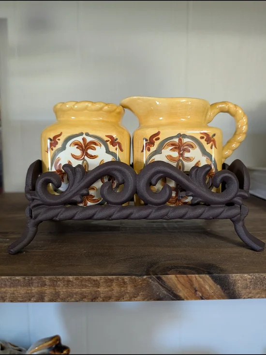 Yellow Ceramic Creamer and Sugar Set with Brown Decorative Tray