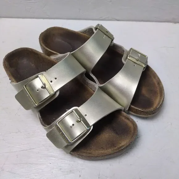 Birkenstock Girls Arizona Slide Sandal Silver Metallic Flat Sz 33 Slip On