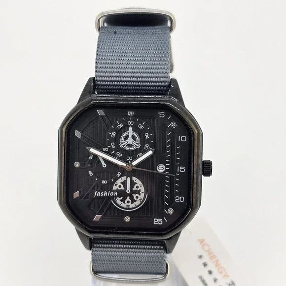 Men's 42MM Watch Black‎ Dial Date Indicator Gray Canvas Band New Battery