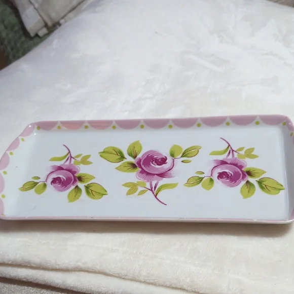 Pink and Green Vanity Tray with Floral Design