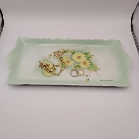 Vintage Hand Painted Floral Ceramic Vanity Tray Serving Plate Artist Signed