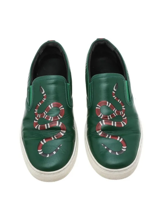 Gucci Green Leather Dublin Snake Print Slip On Sneakers Size 11
